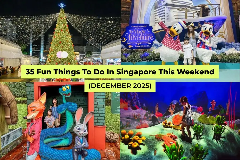 Collage of Christmas events, Disney pop-ups, Zootopia displays, and indoor play zones featured in a December 2025 Singapore weekend guide.