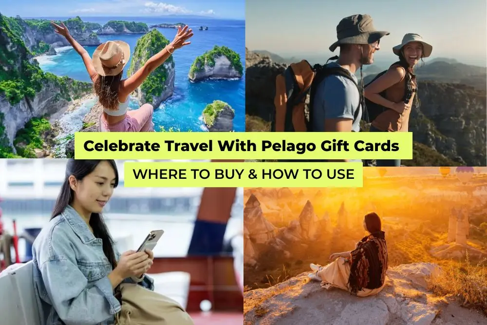 Collage of travellers hiking, sightseeing coastal cliffs, using a phone while travelling, and watching sunrise views promoting Pelago gift cards.