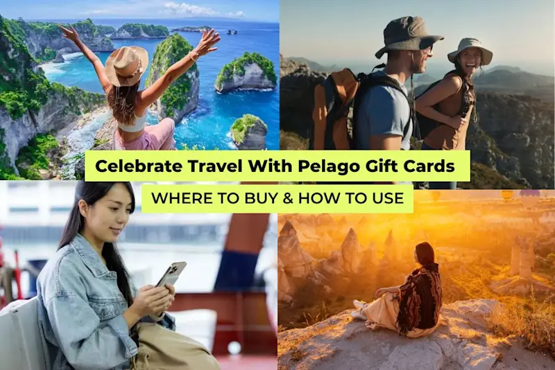 Collage of travellers hiking, sightseeing coastal cliffs, using a phone while travelling, and watching sunrise views promoting Pelago gift cards.