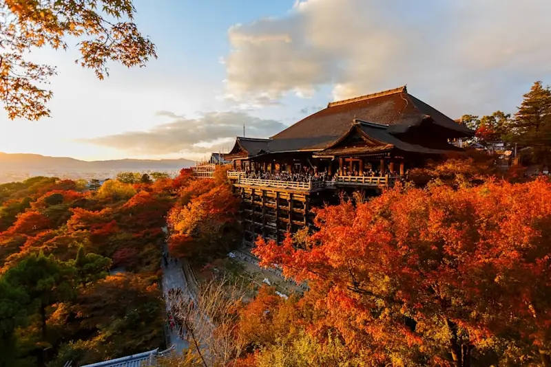 Visitors standing on the iconic wooden platform of Kiyomizu-dera in Kyoto, overlooking vibrant red autumn foliage surrounding the temple precincts.