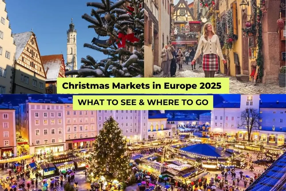Collage of festive European Christmas markets showing decorated stalls, glowing lights, and Salzburg’s illuminated main square at night.