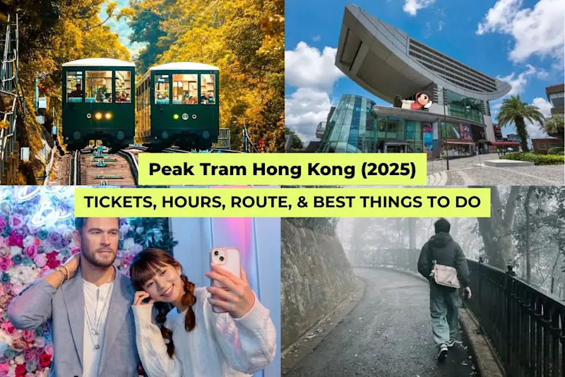 Collage of Peak Tram Hong Kong attractions: tram ride, Peak Tower, wax museum selfie spot, and scenic walk under banyan trees.