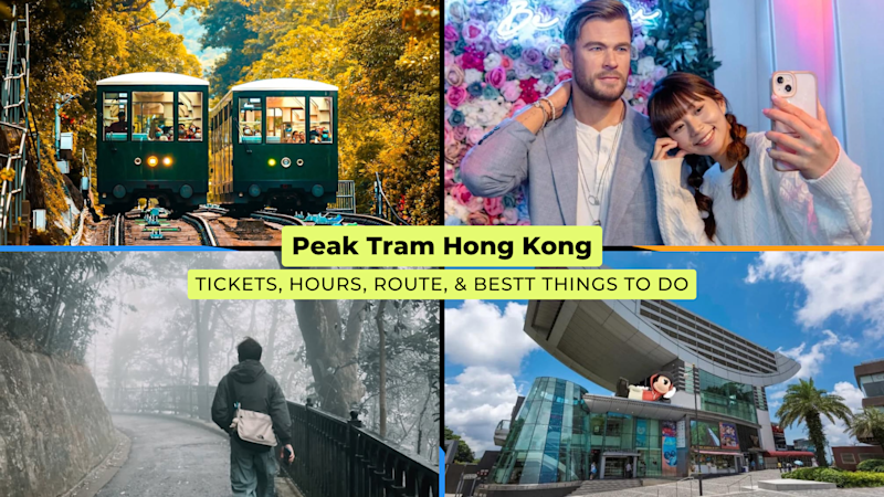 Collage of Peak Tram Hong Kong attractions: tram ride, Peak Tower, wax museum selfie spot, and scenic walk under banyan trees.