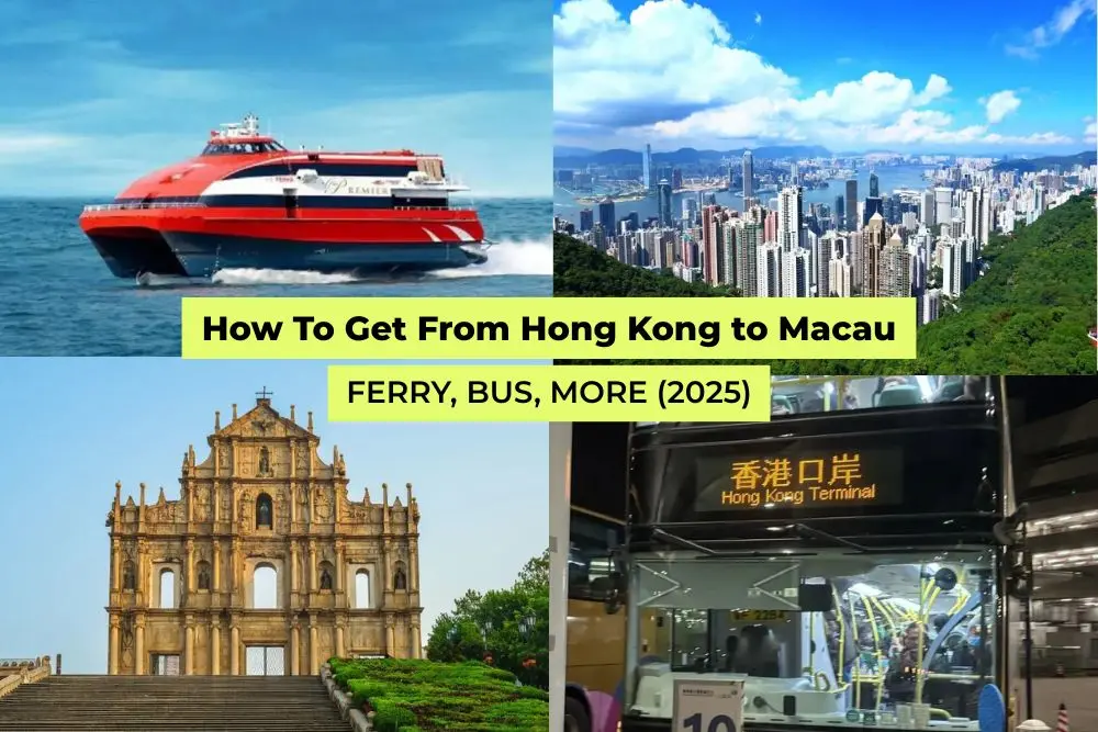“Collage showing a high-speed ferry, Hong Kong skyline, Macau’s Ruins of St. Paul’s, and an HZMB shuttle bus with text about traveling from Hong Kong to Macau.