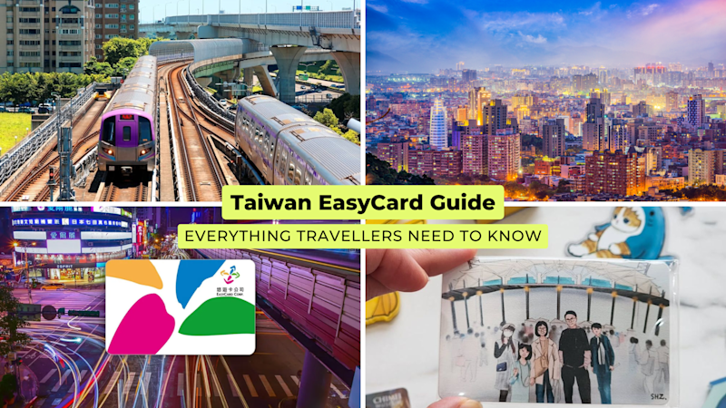 A collage titled “Taiwan EasyCard Guide” featuring EasyCards, Taipei skyline, a metro train, and a hand holding an illustrated card.