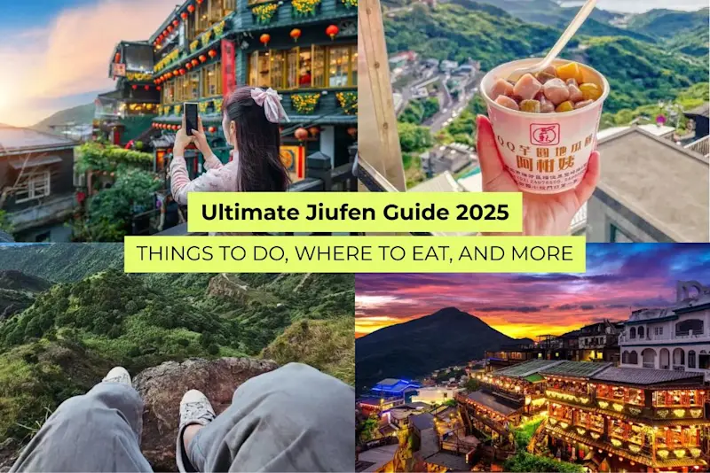 Collage of Jiufen highlights with tea houses, taro balls, night scenery, and mountain hike view for the 2025 travel guide.