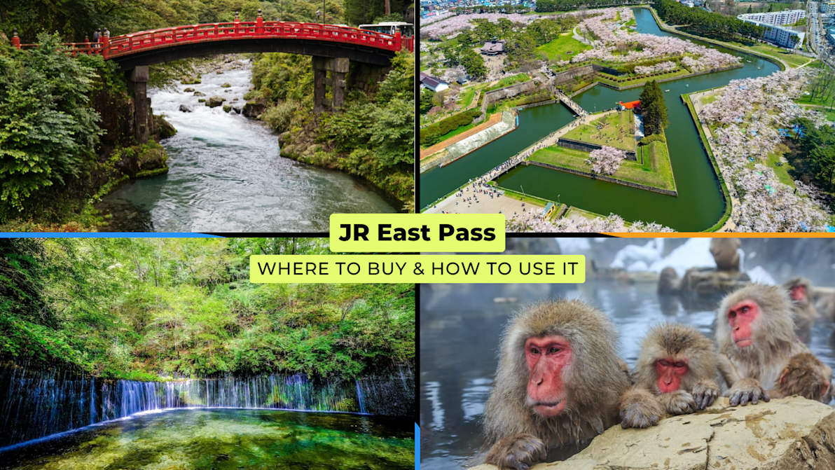 Collage of scenic spots in eastern Japan covered by the JR East Pass, featuring a boat ride in a rocky gorge, coastal town view, forest waterfall in Karuizawa, and snow monkeys bathing in a hot spring.
