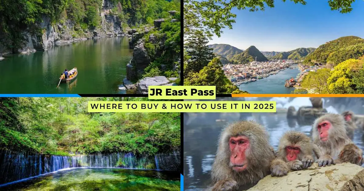 Collage of scenic spots in eastern Japan covered by the JR East Pass, featuring a boat ride in a rocky gorge, coastal town view, forest waterfall in Karuizawa, and snow monkeys bathing in a hot spring.