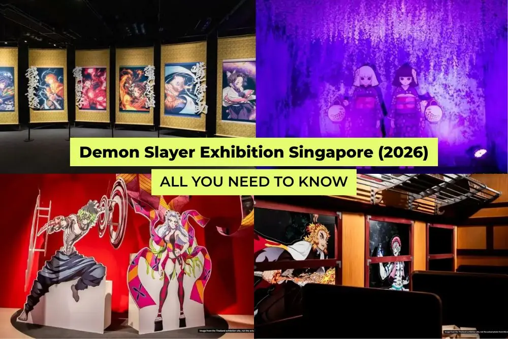 Collage of installations from the Demon Slayer exhibition, including illustrations, inflatables, standees, and the Mugen Train.