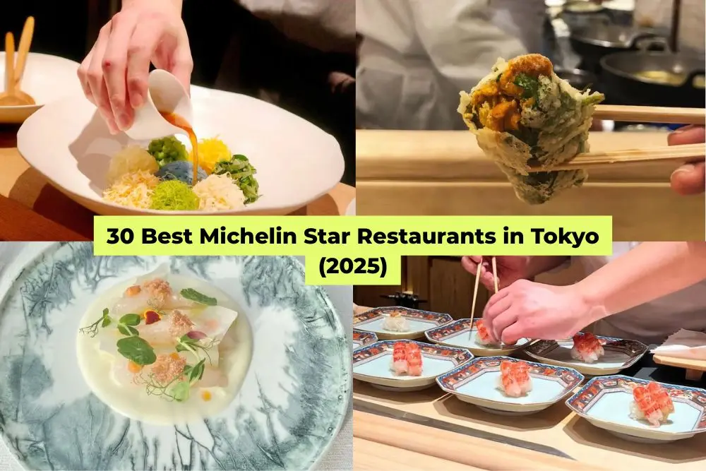 A collage of four gourmet dishes and chefs in action, overlaid with the text “30 Best Michelin Star Restaurants in Tokyo (2025).”