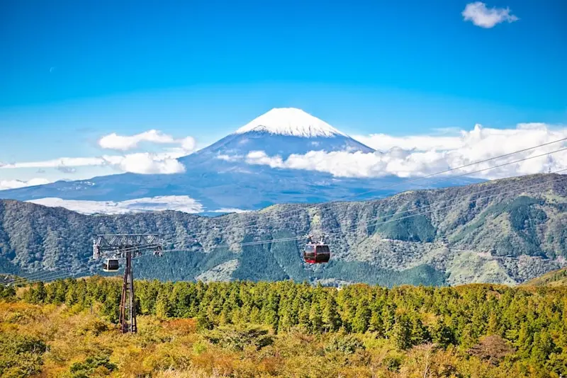 Hakone Ropeway gondolas gliding over lush mountain slopes with Mount Fuji in the background under a bright blue sky.