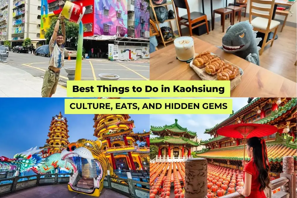 Collage of Kaohsiung highlights including street art, Dragon and Tiger Pagodas, temple lanterns, and Taiwanese street food.