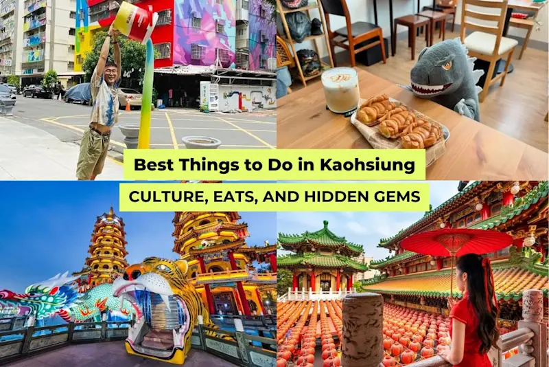 Collage of Kaohsiung highlights including street art, Dragon and Tiger Pagodas, temple lanterns, and Taiwanese street food.