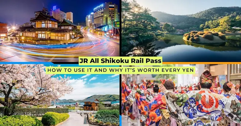 Collage of Shikoku sights with Dōgo Onsen, Ritsurin Garden, cherry blossoms, and dancers promoting the JR All Shikoku Rail Pass.