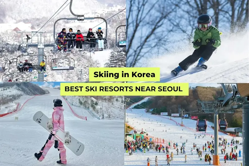 Collage of skiers and snowboarders enjoying snowy slopes and chairlifts, highlighting the best ski resorts near Seoul, South Korea.