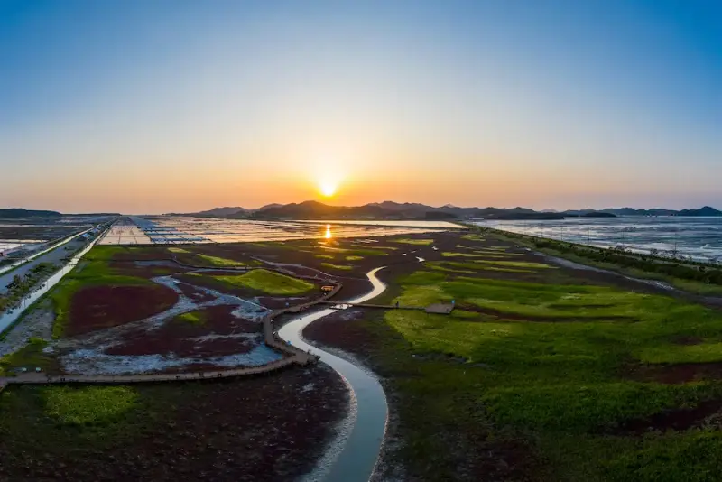 Aerial,View,Of,Taepyeong,Salt,Botanical,Garden,At,Sunset,On