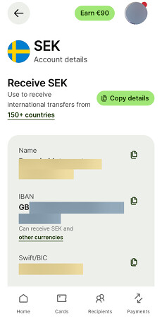 Wise account details — SEK tab showing SWIFT/BIC details