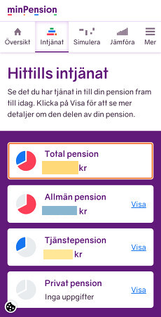 minPension.se overview screen — the main dashboard showing pension pots