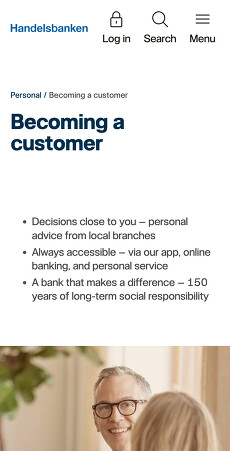 Swedish bank account application page — Handelsbanken English 'become a customer' page