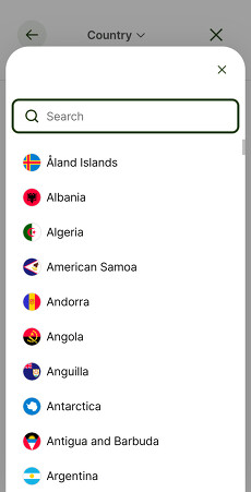 Wise account creation screen — country of residence dropdown