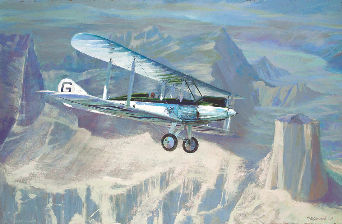Marshall’s painting of Bert Hinkler in the prototype Avro Avian on his record flight, pictured approaching Karachi.