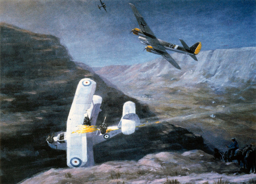 The painting by David Marshall above hangs in Australia’s Museum of Flight, Nowra and depicts an action in which HMAS Perth lost her Seagull V (the successor to the Seagull III) in a battle with two Ju88s over the Greek Island of Kythera in 1941. The artist was briefed on this action by CP. Bowen, the gunner shown in the rear cockpit.