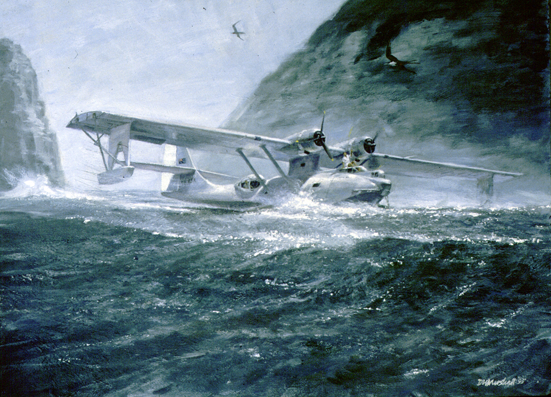 Another famous Catalina was “Frigate Bird II”, flown from Australia to South America via Easter Island on a proving route by Sir Gordon Taylor and crew in 1951. The actual aircraft has been preserved and is on display in Sydney’s Powerhouse Museum. The painting of it above, also available as a David Marshall print, makes a fine companion piece to the “Altair Star”.