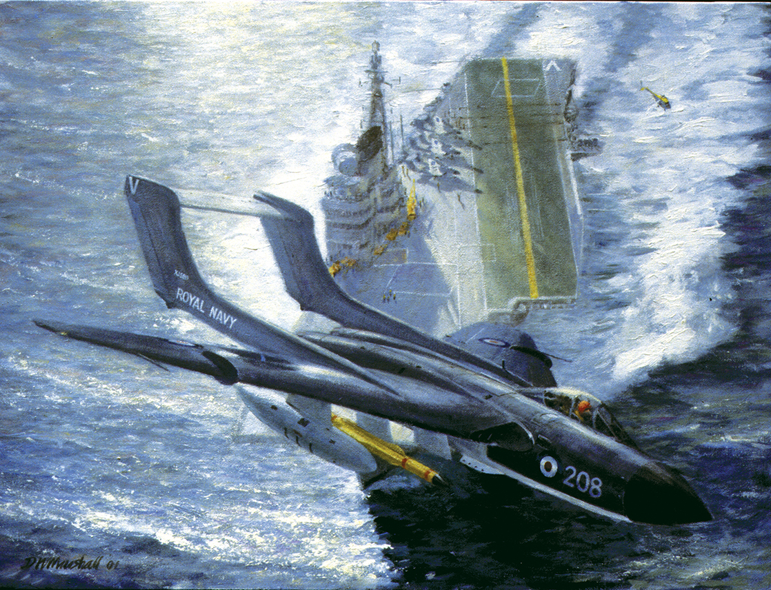 Another successful twin-boom naval aircraft from the de Havilland drawing board was the mighty Sea Vixen. The painting of the Sea Vixen shown above was commissioned by its pilot, Lt Cmdr David Hamilton, RN.