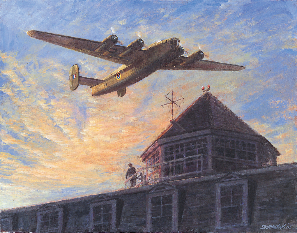 Above: an impression of Australian Don Bennett's Liberator over the control tower at Gander, Newfoundland, having completed the inaugural flight of a non-stop service across the North Atlantic.