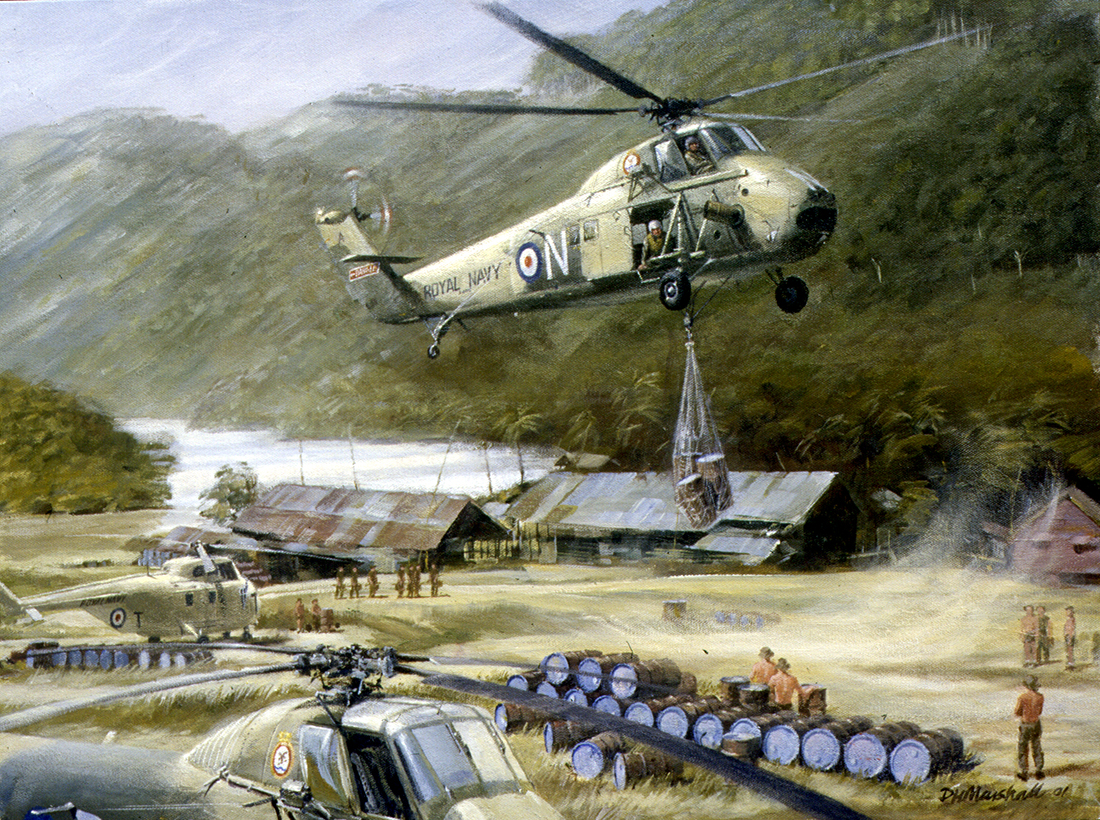 The Royal Navy Fleet Air Arm Museum in England commissioned Marshall to paint this scene of a Wessex HU5 operating on detachment in Borneo, 1965.