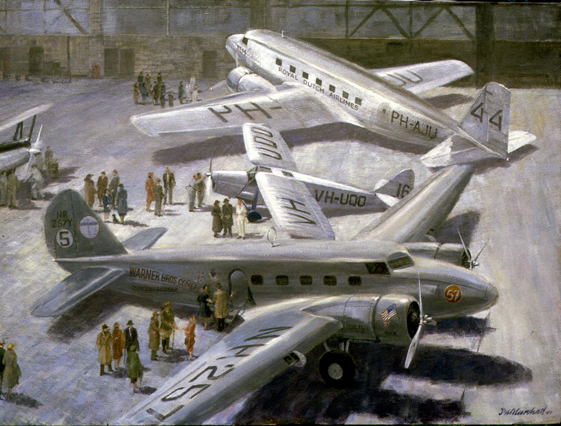 The Landmark Boeing 247D of 1933, seen in the foreground of this David Marshall painting, displays its radically clean design and the features that were later to be built into most all-metal airliners–including the Douglas DC 2 in the background.