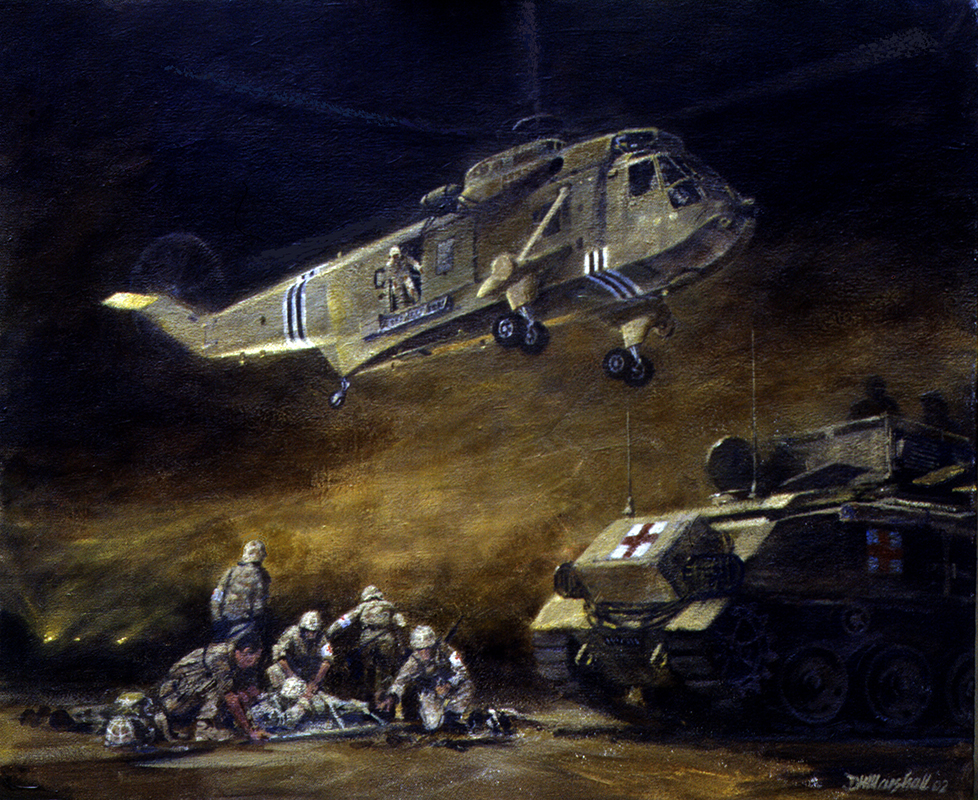 Above: Lt Peter Nelson’s Sea King arriving in the middle of a tank battle to retrieve wounded personnel during the Gulf War, 1991. Lt Nelson AFC briefed David on this painting. It now hangs in the RAN Fleet Air Arm Museum in Nowra, NSW.