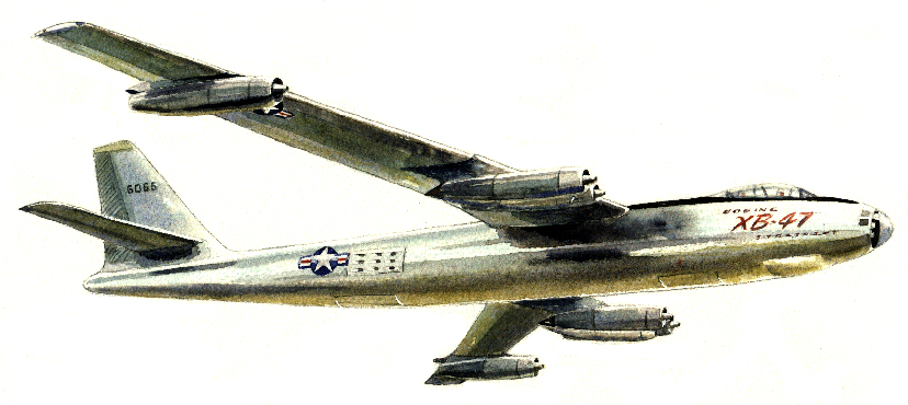 The Boeing XB-47 Stratofortress protoype, 1947. Note the engines slung on pods beneath the wings.