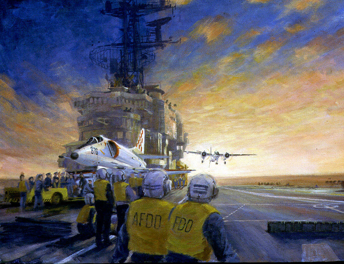 RAN Skyhawks shared the deck of HMAS Melbourne with the twin-engined Grumman Tracker and the Westland Sea King Helicopters.