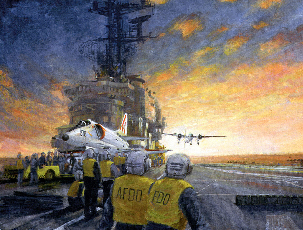 RAN Skyhawks share the deck of HMAS Melbourne with Grumman Trackers