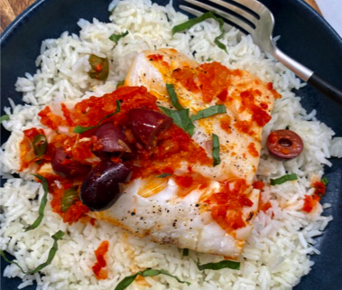 Poached fish with roasted bell pepper