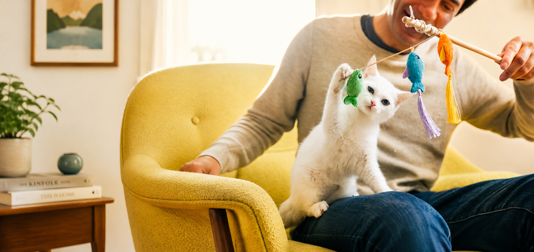 White kitten playing with a toy