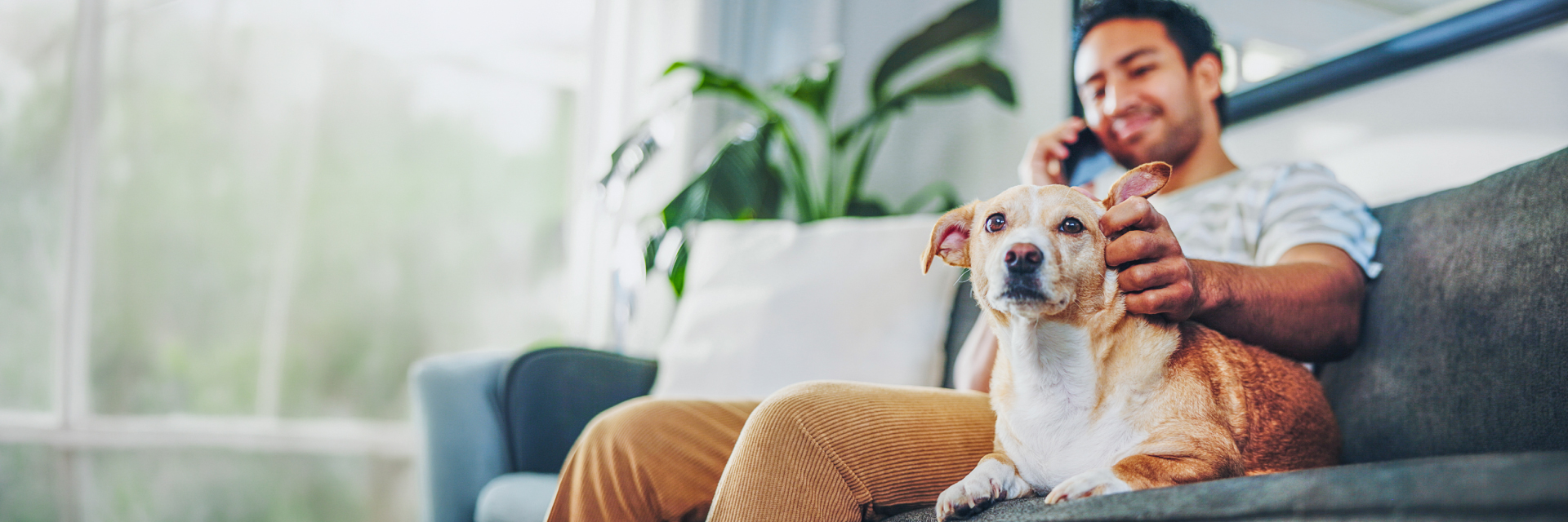 A man on the phone while sitting with his dog on the couch.