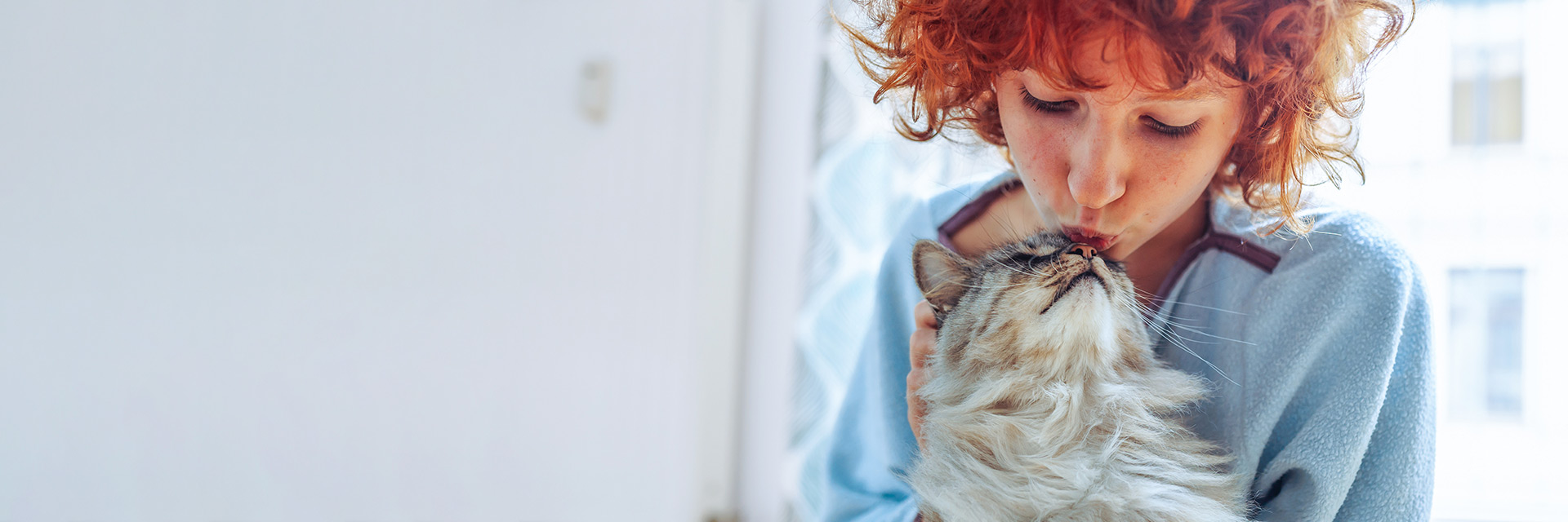 A woman kissing a cat that is sitting in her lap