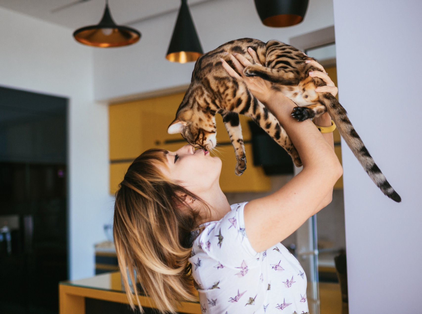 Photo of a Woman holding and kissing a cat