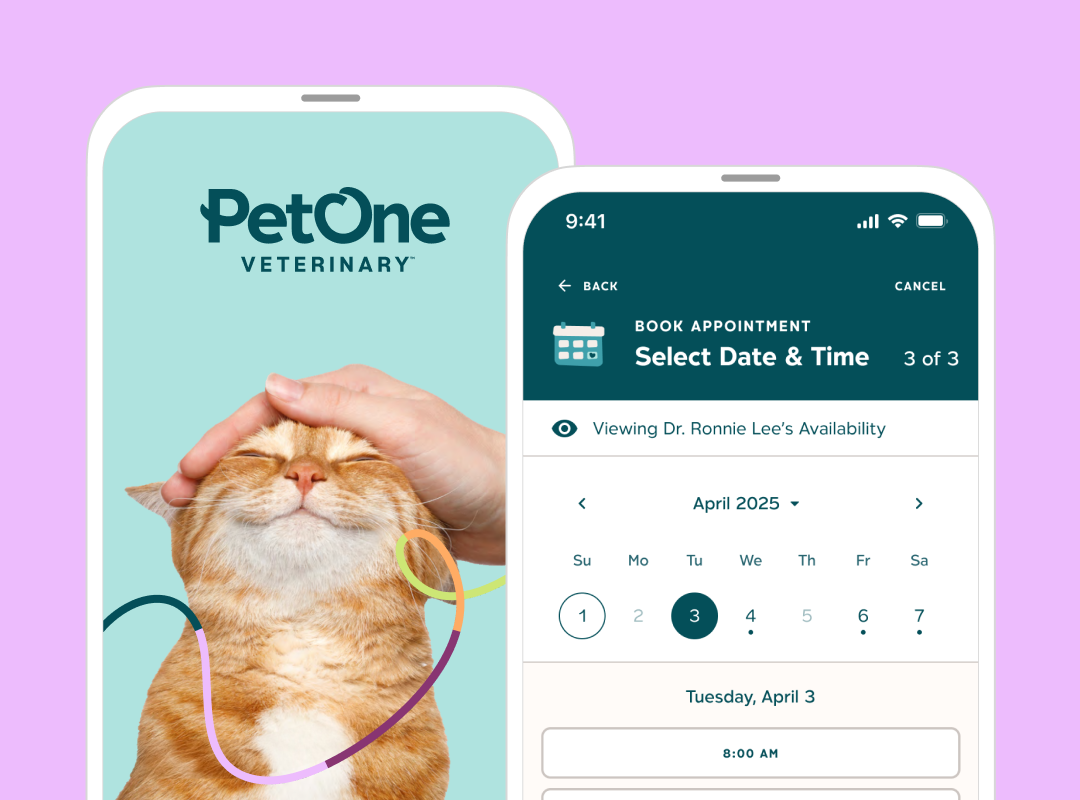 A screenshot of the PetOne Veterinary mobile app showing a calendar to book an appointment