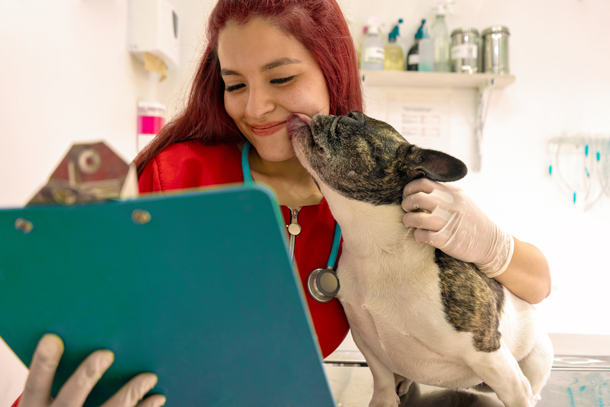 A vet holding a clipboard while petting a dog