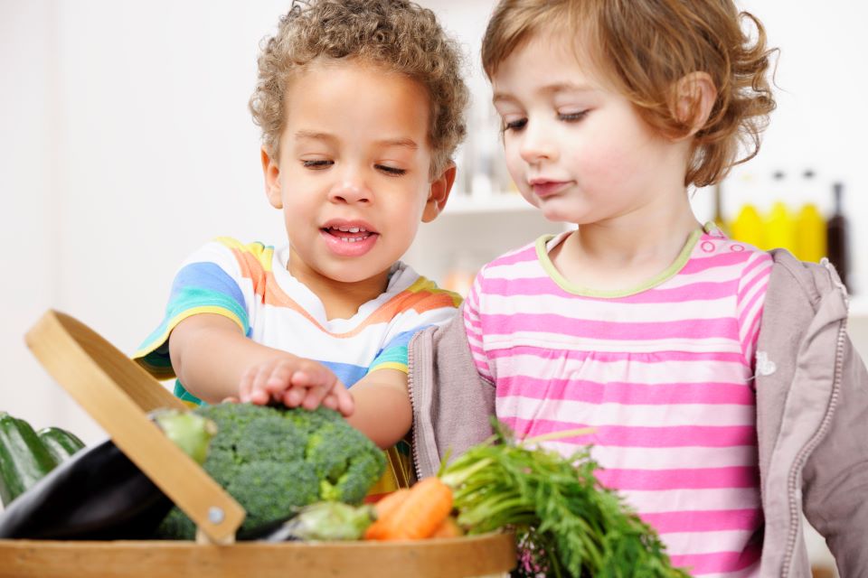 Toddlers looking at vegetables in a basket.