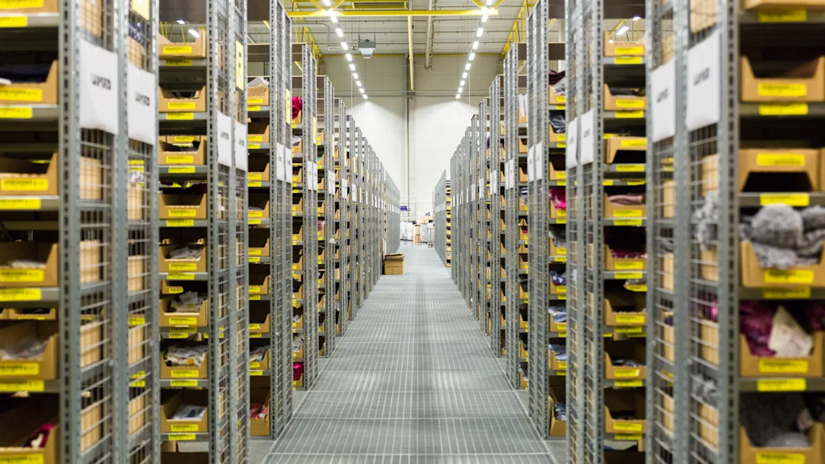 A large warehouse with big shelves.