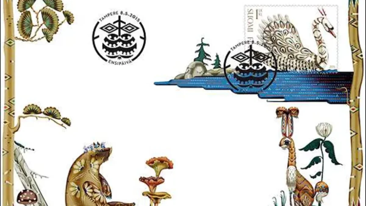 The stamp's ornate decorations, rendered in gold foil, are inspired by eastern Finnish and Slavic cultural traditions