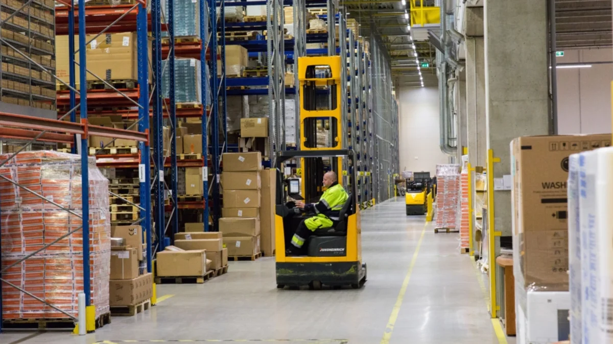 Warehouse and a forklift.