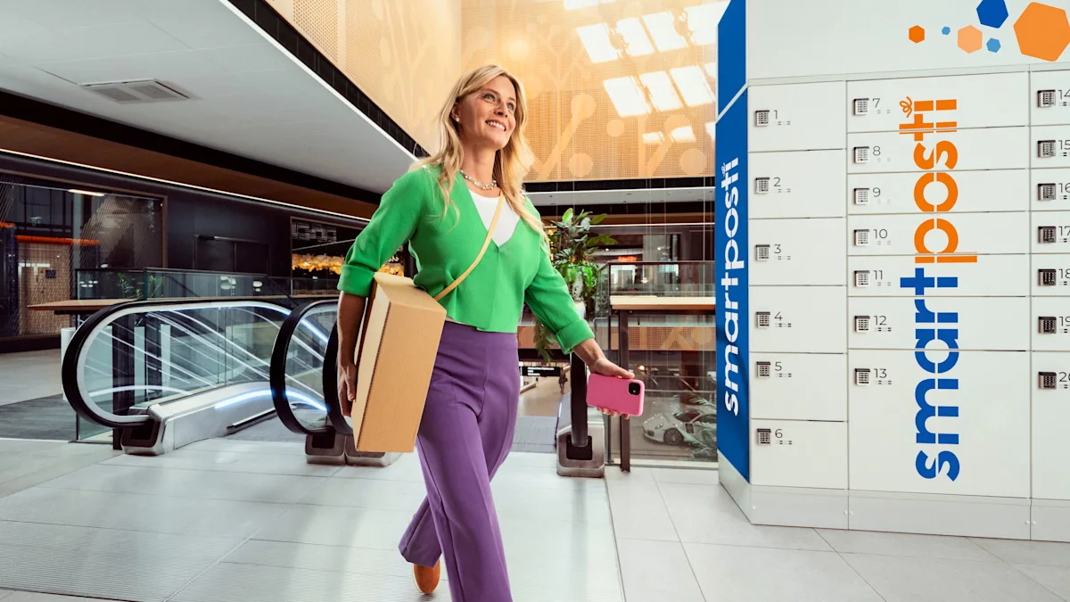 Lady walking with a package.