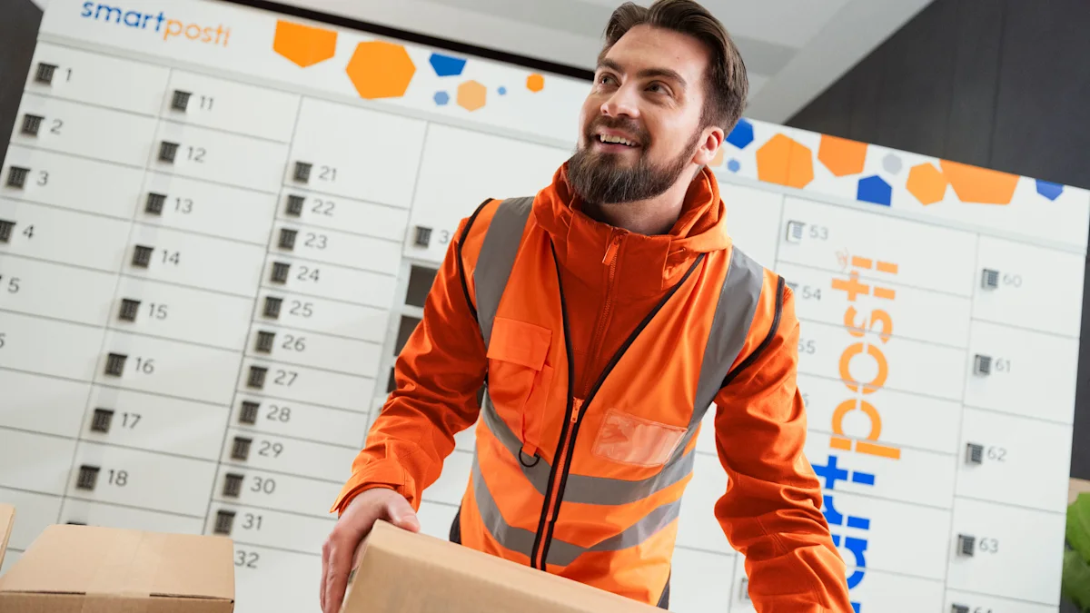 A SmartPosti worker carrying a package.