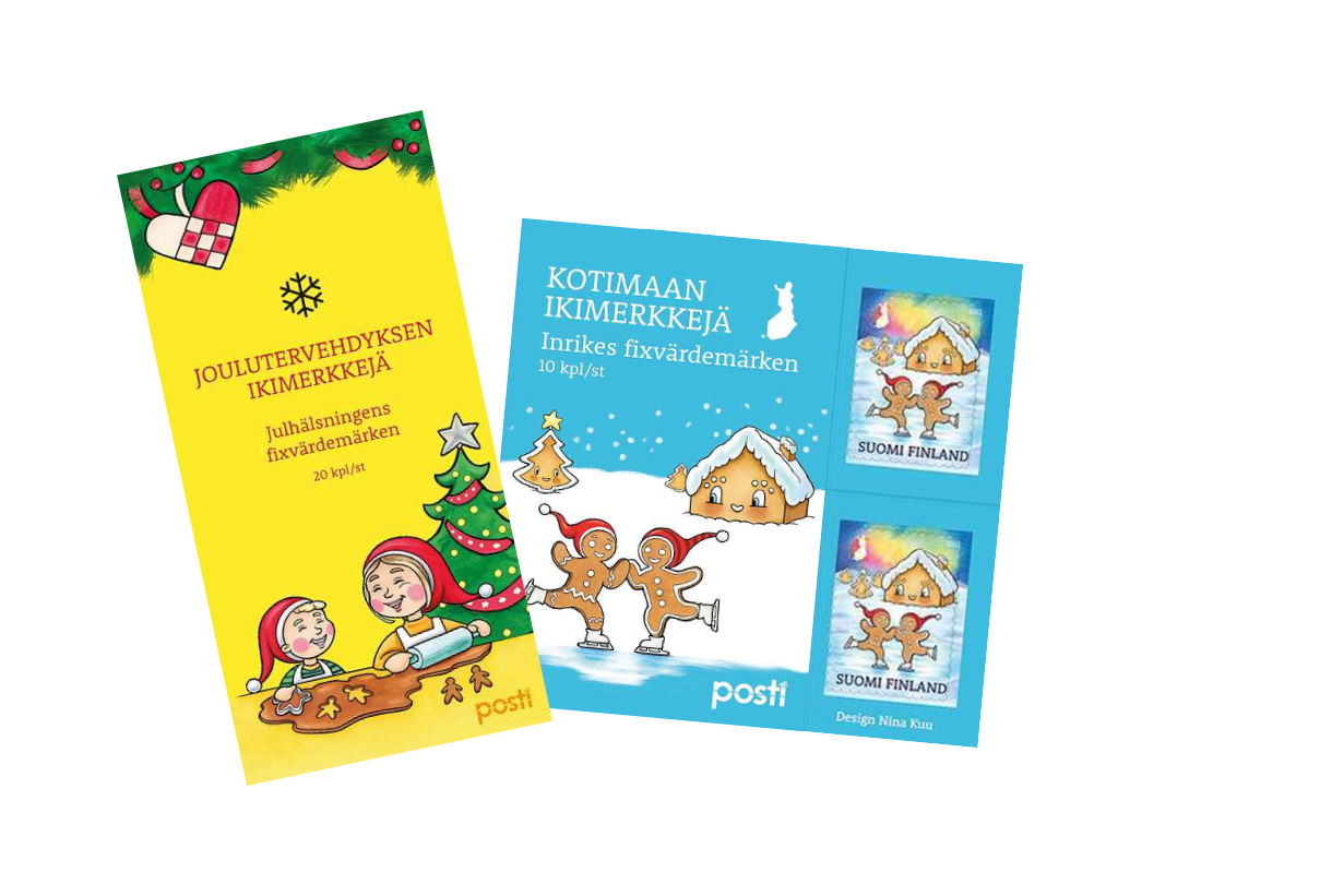 Joulupostimerkeissä seikkailevat piparkakut, talvimerkeissä kuuraisia kukintoja ja pakkasen kauneutta 
