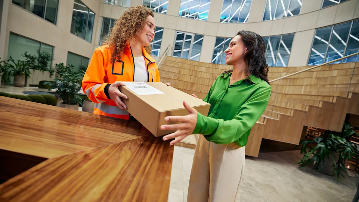 Business person receinving a parcel from a Posti employee
